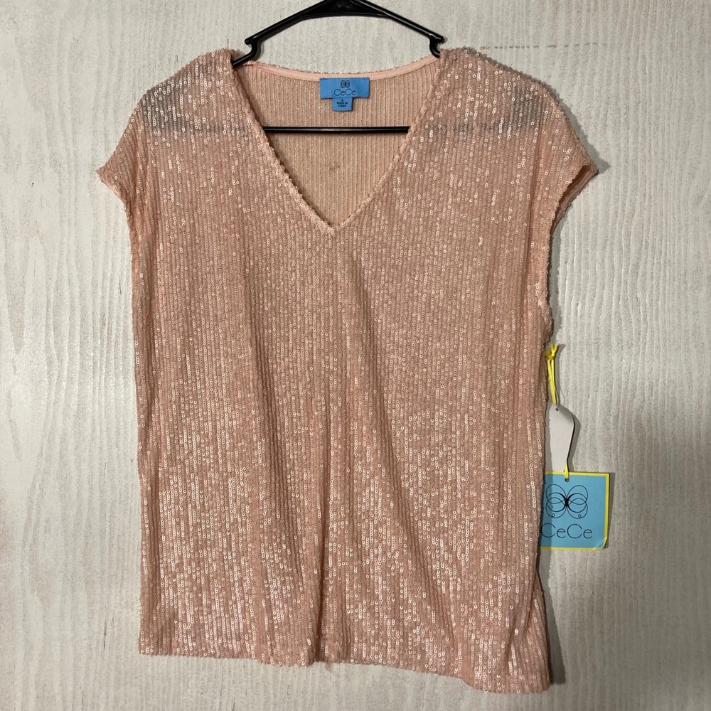 CeCe Sequin Blouse Womens Small Pink NEW V-Neck Cap Sleeve Shimmer Top